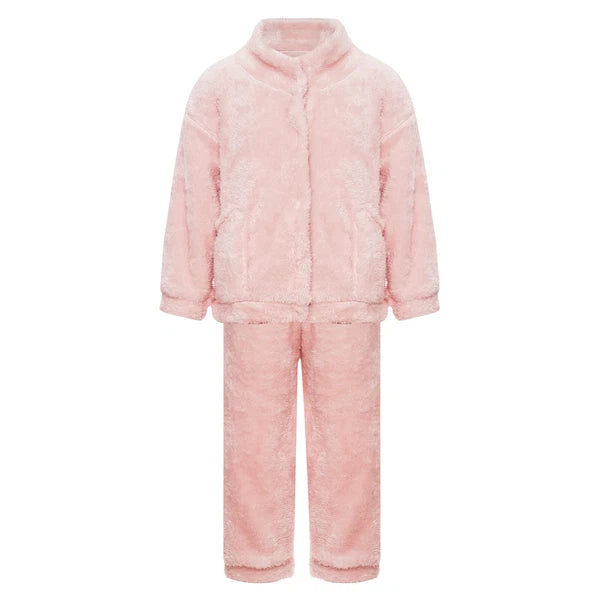 Girl Boy Sleepwear Faux Fur Pajamas Set Trousers Loungewear Buttons Pants Soft