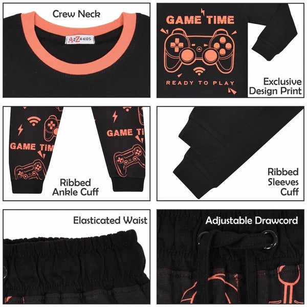 Kids Girls Boys Pyjamas Game Time Contrast Top Bottom 2 Piece PJS Sleepwear Set