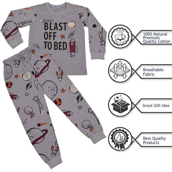 Kids Boys Rocket Spaceship Blast Off Grey Pyjamas PJs 2 Piece Sleepwear Set