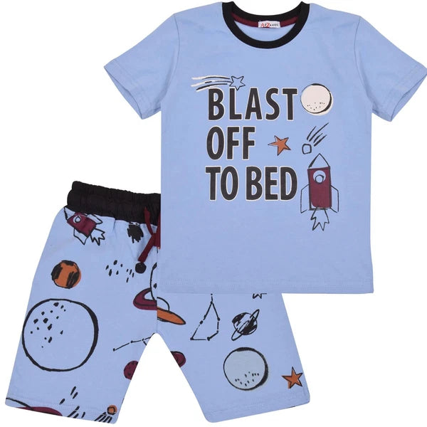 Boys Rocket Spaceship Blast Off Blue Pyjamas PJs 2 Piece Sleepwear Set Yr 5-13