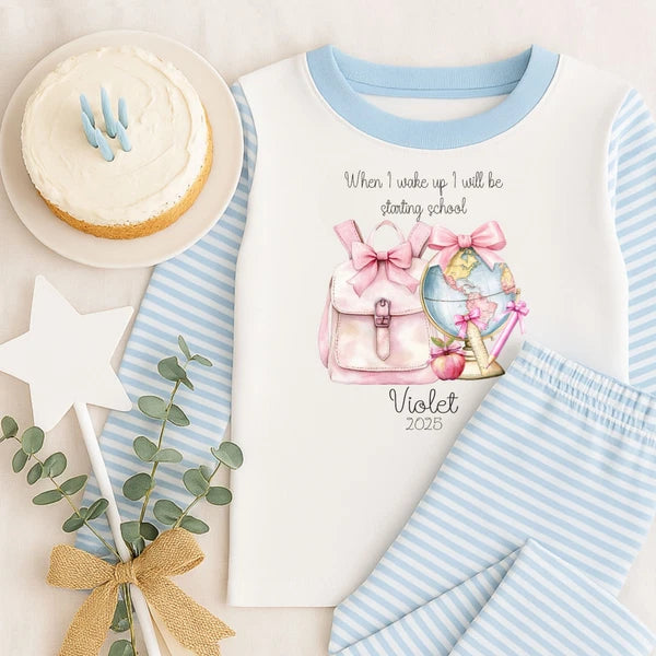 Personalised When I Wake Up I Will Be Starting School Nursery Bows, Girl Pyjamas