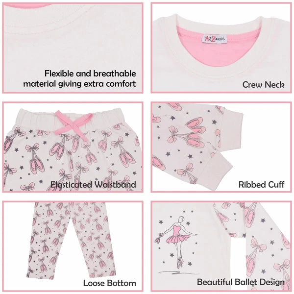 Kids Girls Ballerina Baby Pink Print Children PJs 2 Piece Cotton Set 2-13 Years