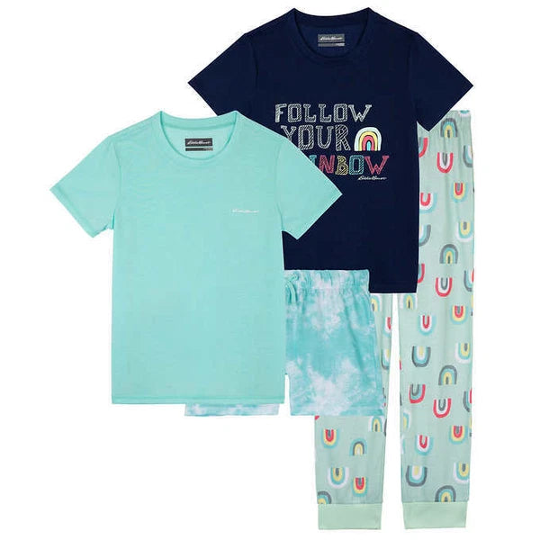 New Eddie Bauer Youth 4-piece Sleepwear Set, Aqua, Girls Pajama PJs Lounge Set