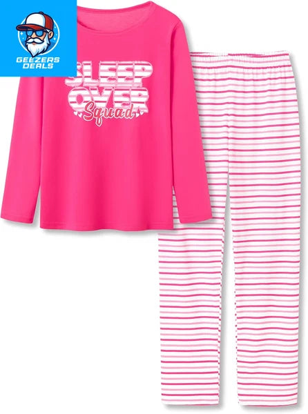 Pajamas for Girls Size 6-16 Pants & Long Sleeve Jammies Glitter Heart & Stripe T