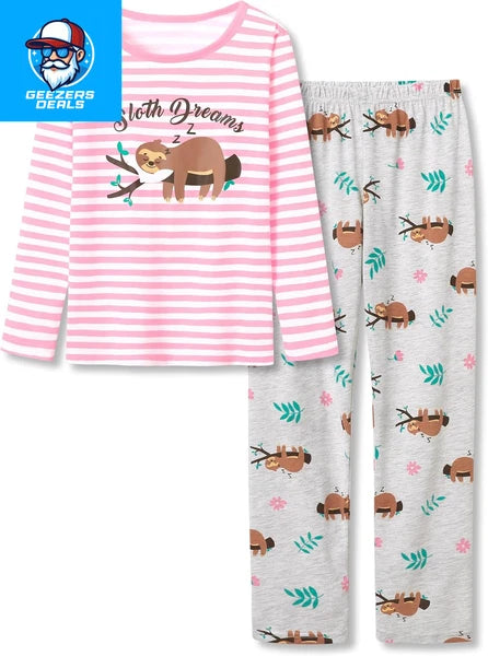 Pajamas for Girls Size 6-16 Pants & Long Sleeve Jammies Glitter Heart & Stripe T