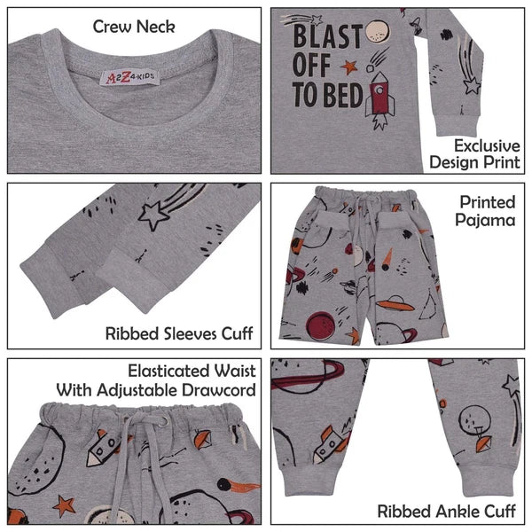 Kids Boys Rocket Spaceship Blast Off Grey Pyjamas PJs 2 Piece Sleepwear Set