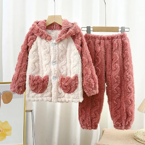 Winter Flannel Pajamas Sets Baby Boys Girls Clothes Warm Hooded Sleepwear Pijama