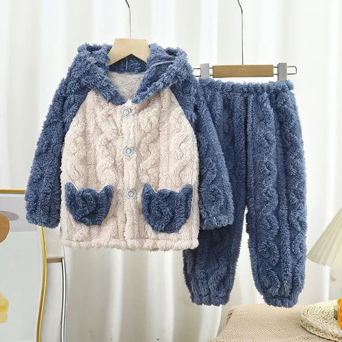 Winter Flannel Pajamas Sets Baby Boys Girls Clothes Warm Hooded Sleepwear Pijama