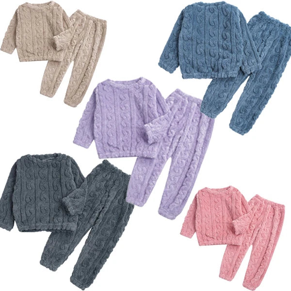 Kids Girls Pajamas Solid Color Set With Pants Outfits Nightwear Round Neck Tops