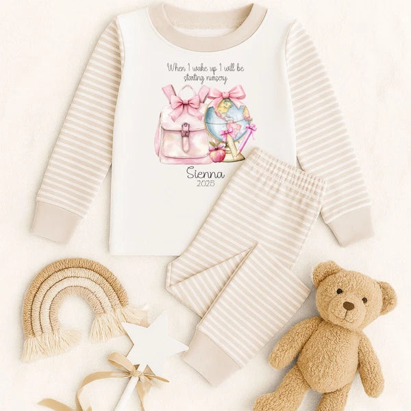 Personalised When I Wake Up I Will Be Starting School Nursery Bows, Girl Pyjamas