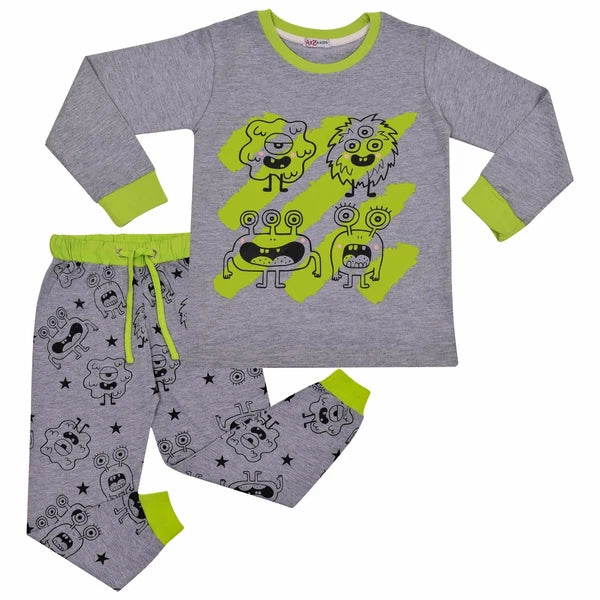 Kids Girls Boy Monster Pyjamas Children Grey PJs 2 Piece Cotton Set Lounge Suit