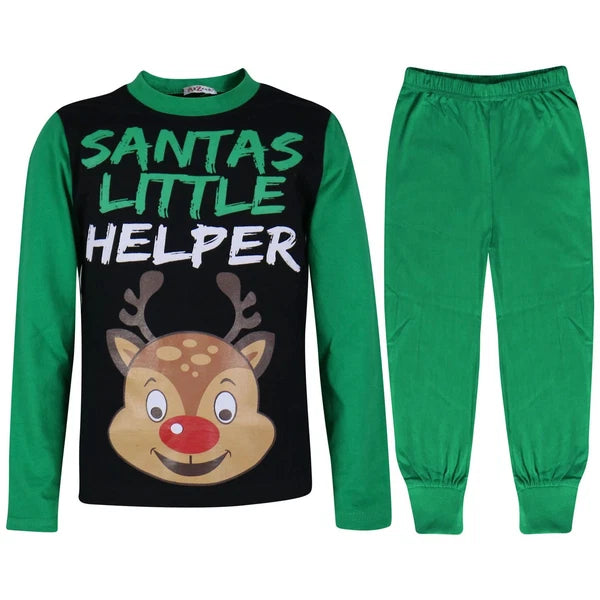 Boys Girls Kids Pyjamas Santa Little Helper Green Contrast Sleeves Xmas PJS 2-13