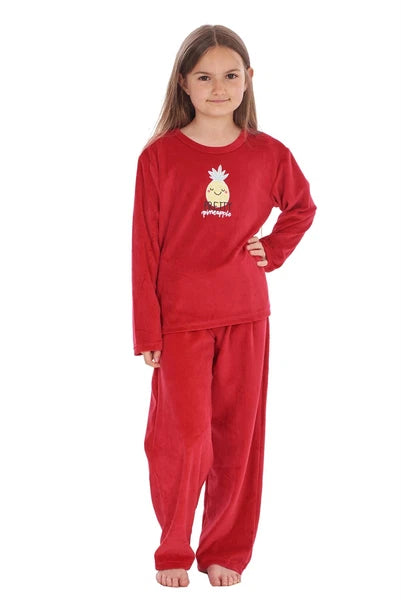 Girls Winter Pyjama Set Velvet Pineapple Motif Long Sleeve Warm Cosy PJ's