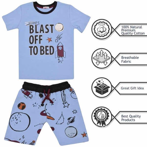 Kids Boys Rocket Spaceship Blast Off Blue Pyjamas PJs 2 Piece Sleepwear Set