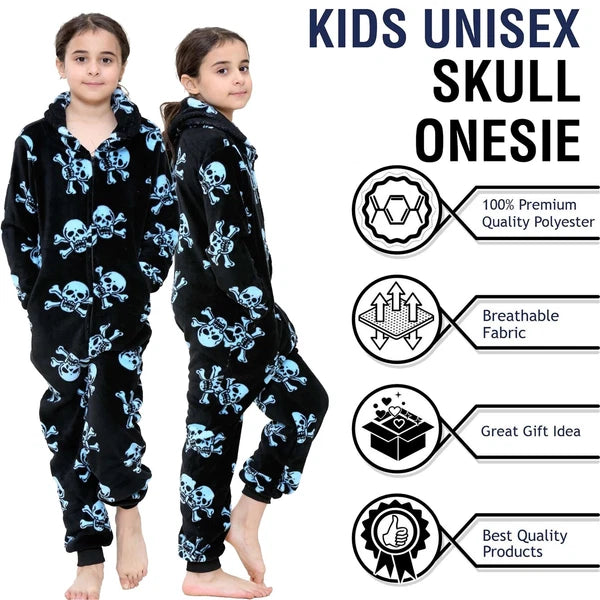 A2Z 4 Kids Girls Boys Fun Skull Print One Piece Black & Blue Pyjama Sets