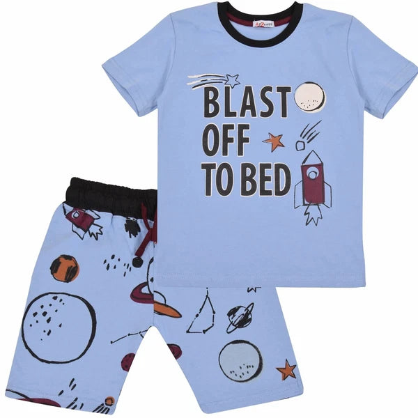 Kids Boys Rocket Spaceship Blast Off Blue Pyjamas PJs 2 Piece Sleepwear Set