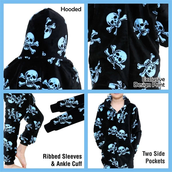 A2Z 4 Kids Girls Boys Fun Skull Print One Piece Black & Blue Pyjama Sets