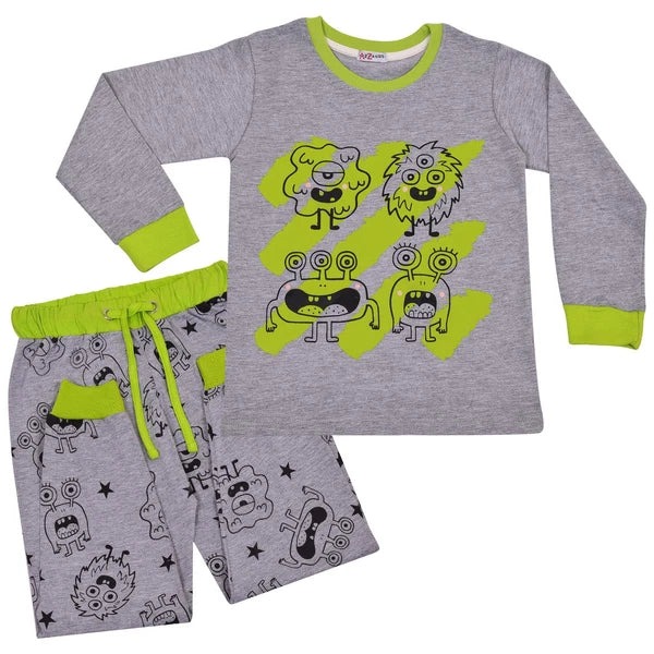 Kids Girls Boy Monster Pyjamas Children Grey 2 Piece Cotton Set