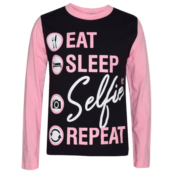 Kids Girls Baby Pink Pyjamas Eat Sleep Selfie Repeat Lounge Wear PJS 2-13 Years