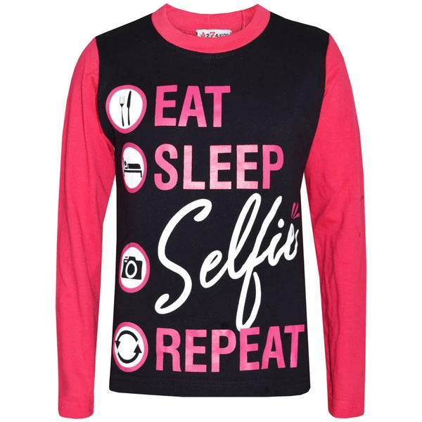 Kids Girls Boys Designer Eat Sleep Selfie Repeat Pyjamas Lounge Wear PJS 2-13 Yr