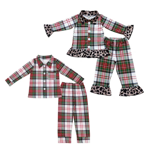 Boys Long sleeve Plaid Christmas Pajamas 2Pcs Sleepwear
