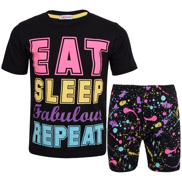 Kids Girls Boys Pyjamas Splash Print Contrast Top Bottom Sleepwear Shorts Set