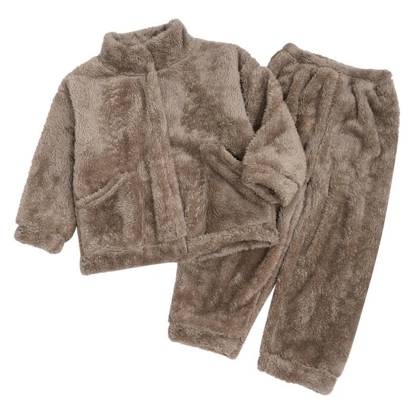 Girl Boy Sleepwear Faux Fur Pajamas Set Trousers Loungewear Buttons Pants Soft