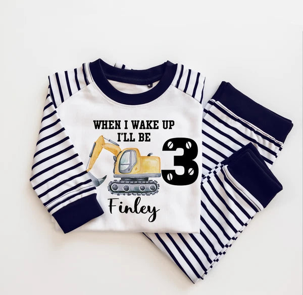 Personalised Boy's Birthday Pj's, Digger Tractor Pj's, 3rd Birthday Toddler Pj's