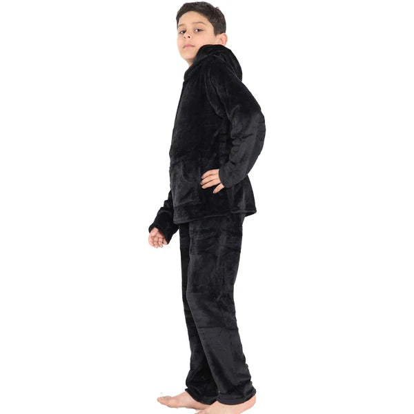 Kids Girls Boys Black Warm Fleece Hooded Pyjamas For Sleepover 2 Piece Gift Set