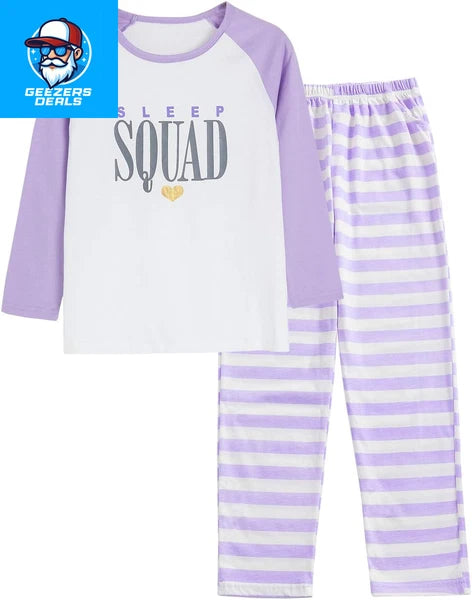 Pajamas for Girls Size 6-16 Pants & Long Sleeve Jammies Glitter Heart & Stripe T