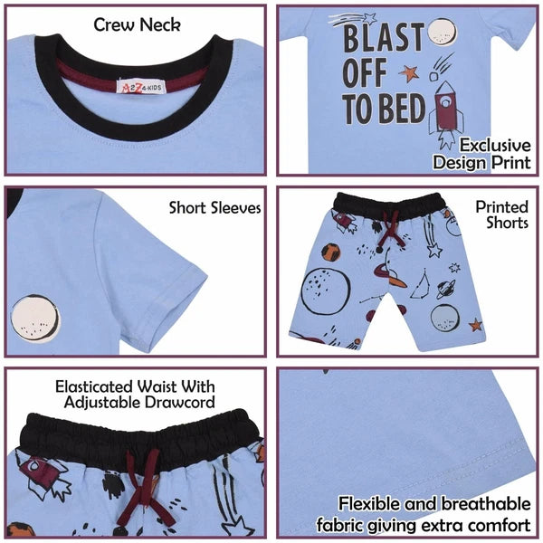 Kids Boys Rocket Spaceship Blast Off Blue Pyjamas PJs 2 Piece Sleepwear Set