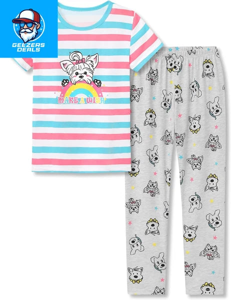 Pajamas for Girls Size 6-16 Pants & Long Sleeve Jammies Glitter Heart & Stripe T