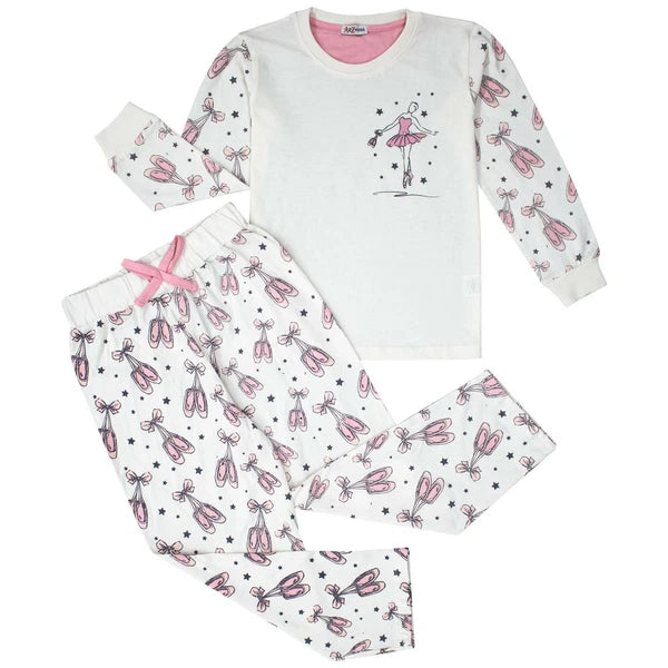 Girls Ballerina Baby Pink Print Children PJs 2 Piece Cotton Set Age 2-13 Years
