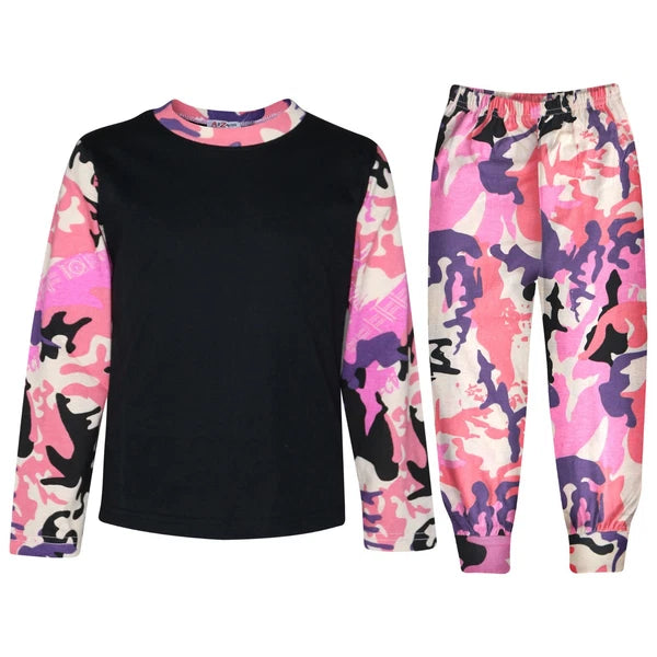 Kids Boys Girls Pjs Contrast Camouflage Plain Stylish Pyjamas Set 2-13 Years