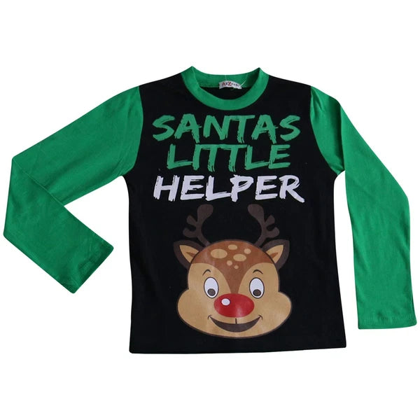 Boys Girls Kids Pyjamas Santa Little Helper Green Contrast Sleeves Xmas PJS 2-13