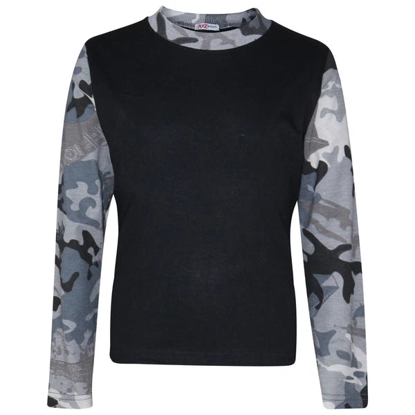 Kids Boys Girls Pjs Contrast Camouflage Charcoal Plain Stylish Pyjamas Set 2-13Y