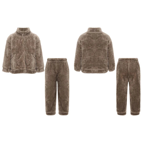 Girl Boy Sleepwear Faux Fur Pajamas Set Trousers Loungewear Buttons Pants Soft