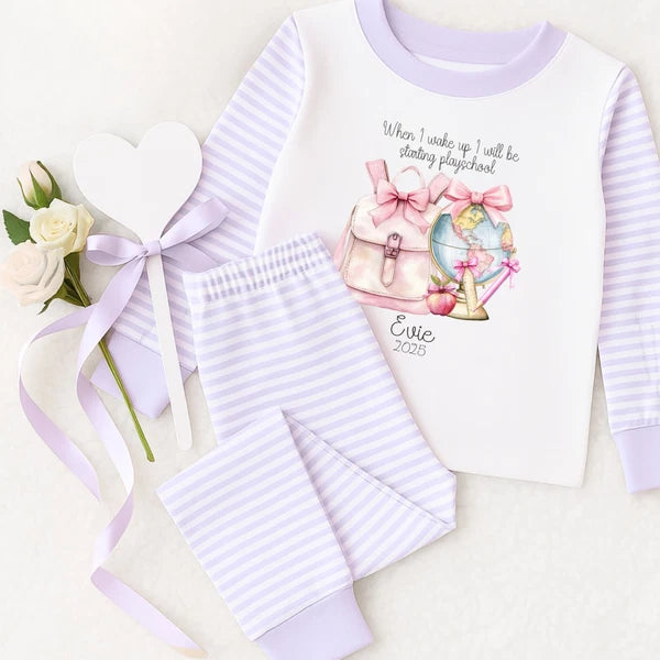 Personalised When I Wake Up I Will Be Starting School Nursery Bows, Girl Pyjamas