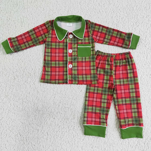 New Baby Sibling Christmas Red Green Plaid Button Ups Pajamas Sets Sleepwear