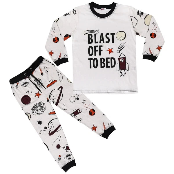 Boys Rocket Spaceship Blast Off Pyjamas Children PJs 2 Piece Kids Sleepwear Set