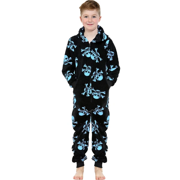 A2Z 4 Kids Girls Boys Fun Skull Print One Piece Black & Blue Pyjama Sets