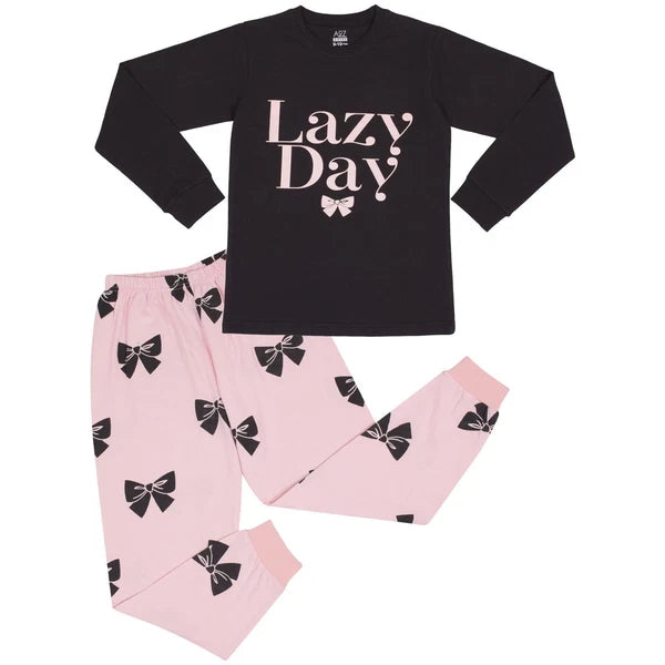 Kids Girls Pyjamas Black Lazy Day Print Contrast Cotton PJs Set Lounge Suit 5-13