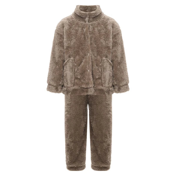 Girl Boy Sleepwear Faux Fur Pajamas Set Trousers Loungewear Buttons Pants Soft