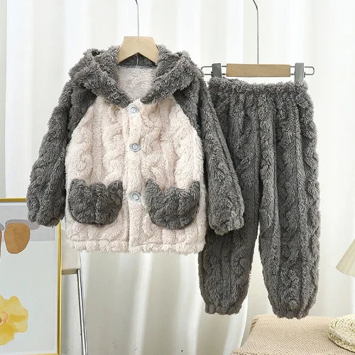 Winter Flannel Pajamas Sets Baby Boys Girls Clothes Warm Hooded Sleepwear Pijama