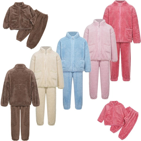 Unisex Kids Outfits Winter Set Warm Sleepwear Solid Color Elastic Waistband