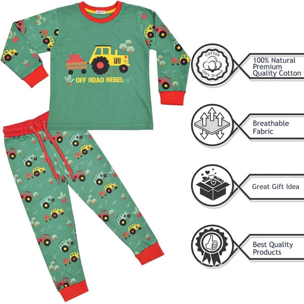 Kids Boys Girls Pyjamas Tractor Contrast Top Bottom Sleepwear Set Age 2-13 Years