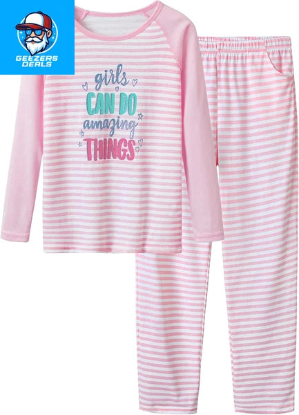 Pajamas for Girls Size 6-16 Pants & Long Sleeve Jammies Glitter Heart & Stripe T