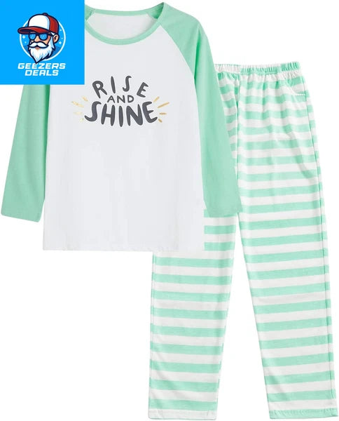 Pajamas for Girls Size 6-16 Pants & Long Sleeve Jammies Glitter Heart & Stripe T