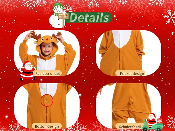 Kids Reindeer Unisex Pajamas Christmas Cosplay Costume Winter One-piece Honewear