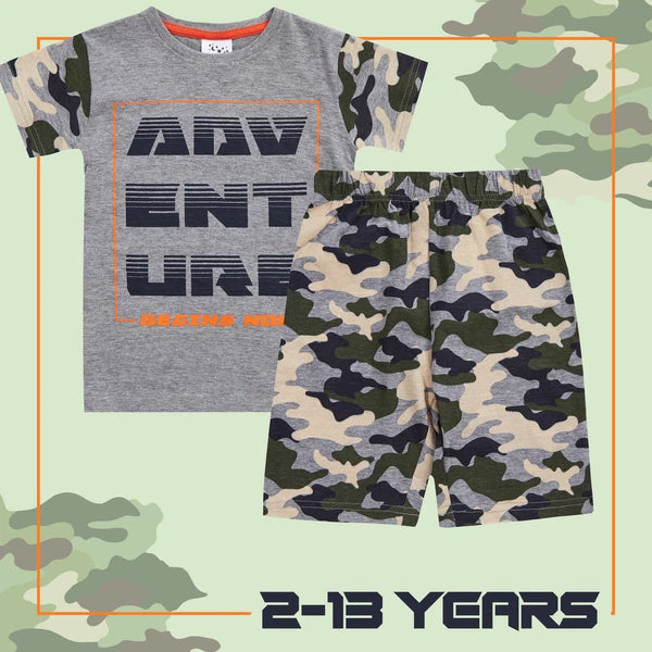 Boys Camo Pyjama Set Summer Outfit 2-Piece PJ's Nightwear Camouflage 2-13 Years